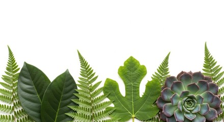 Assortment of green leaves and succulent plant isolated on white background