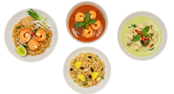 Flat lay of four diverse Thai dishes: shrimp pad thai, red curry, pineapple fried rice, and green curry, on white bowls against a transparent background with copy space. Culinary excellence concept