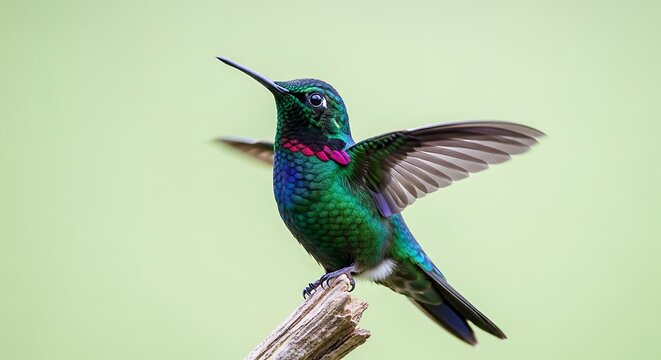 Close up of a colorful hummingbird perched on a branch with wings spread
