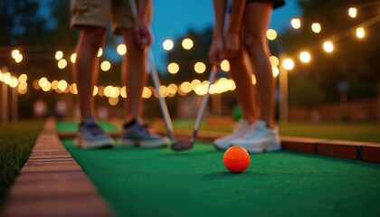 Young adults play mini golf at night with string lights overhead. People enjoy outdoor leisure activity, friendly competition, and recreation under warm glowing bulbs.