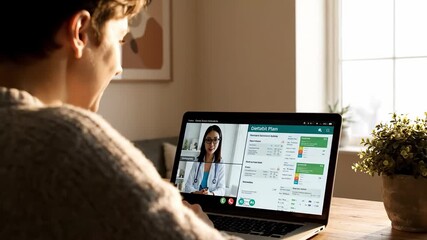 A person sits at a cozy table, participating in a nutrition consultation online. They discuss meal plans and healthy eating with a nutritionist while reviewing dietary charts.