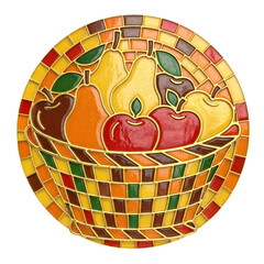 Circular stained glass mosaic featuring a woven basket filled with apples and pears in warm autumn tones of red, yellow, green and orange