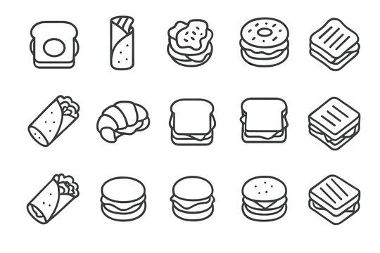 Breakfast wrap avocado ham grilled sandwich icons grid burrito icon cheese vector