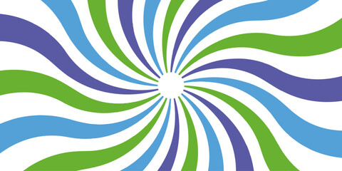 Vector geometric abstract blue cartoon, poster wallpaper. diagonal fabric radial summer sunshine. reminiscent of circus themes. Green and white twisted swirl. Spiral radial striped backdrop.