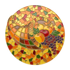 Stained Glass Cornucopia with Harvest Fruits