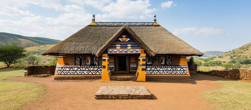 Colorful Ndebele Hut with Intricate Geometric Patterns and Thatched Roof in Sunny South African Landscape