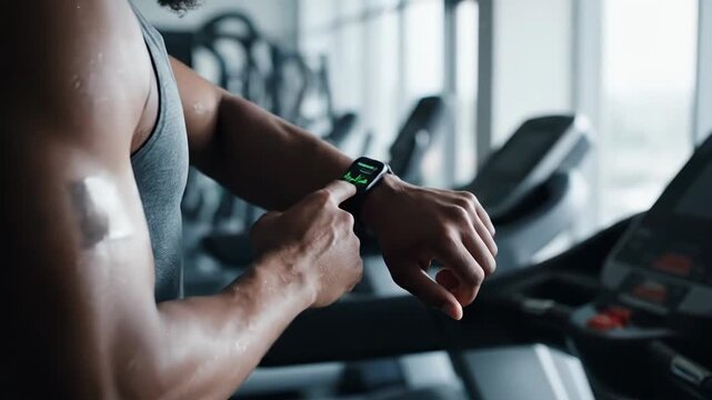 A person exercises on a treadmill in a spacious, well-lit gym. Focus is on the sweat and determination as they push their limits, striving for personal fitness achievements.