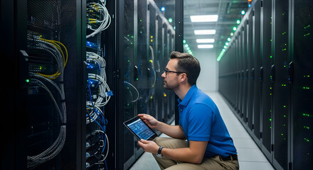 IT technician monitors server room with tablet Analyzing data ensuring optimal performance and security in modern data center environment