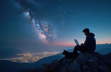 Man with laptop and dog on mountain top overlooking city lights and Milky Way galaxy. Night sky view with stars, cosmos, and distant urban sprawl. Person works remotely under starry sky.