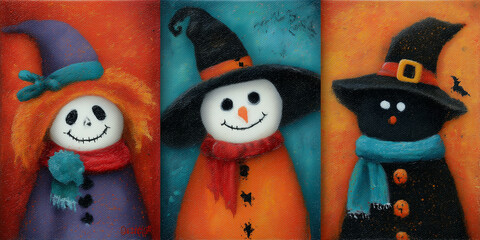halloween snowmen in witch costumes with colorful scarves and hats against vibrant orange and teal background with flying bats
halloween, snowman, witch hat, costume, festive, spooky, eerie, cute, whi