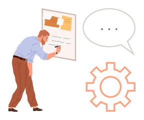 Man writing notes on a pinned board, accompanied by a speech bubble and gear symbol. Ideal for planning, teamwork, communication, brainstorming, productivity, strategy and workflow. Simple flat