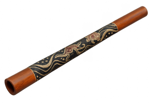 Didgeridoo with traditional pattern on black texture, transparent background