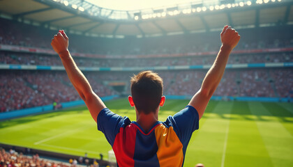 Man with arms raised in victory cheers at soccer stadium. Crowd watches football match from stands. Fan celebrates team win on game day with excitement.