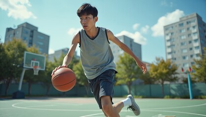 Young Asian male athlete plays basketball outdoors. Dribbles ball with full focus on city court. Residential buildings, green trees visible under clear blue sky. Fit man enjoys sport training