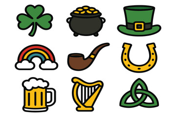 Collection of st patricks day icons including shamrock pot of gold rainbow and beer