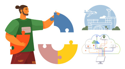 Man assembling colorful puzzle pieces, airport infrastructure, and a cloud computing network. Ideal for teamwork, innovation, technology, travel, collaboration, strategy planning simple flat