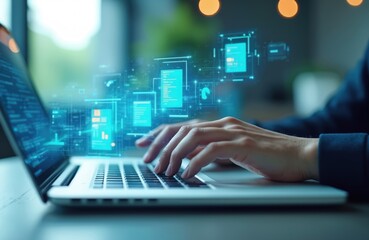 Person types on laptop with futuristic digital interface overlay. Data, charts displayed in hologram above keyboard. Working remotely or in office.