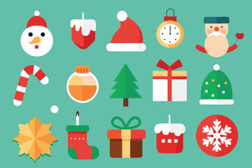Vector art of set of christmas icons in flat design style on green background vector