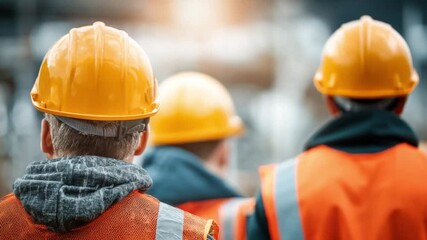 Construction Crew: A close-up shot of a construction crew, donning yellow safety helmets and orange vests, ready to work in a bustling construction site environment. This image epitomizes teamwork.
