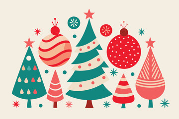 Vector art of festive christmas trees and ornaments illustration