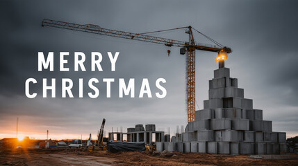 crane on construction site stacking concrete blocks, shape of Christmas tree, Christmas theme in construction industry. Christmas tree, decorated with construction lights. Merry Christmas. Poster, ban