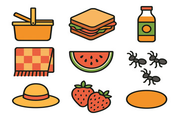 Summer picnic elements including basket sandwich watermelon strawberries hat and ants