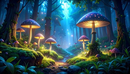 Luminous mushrooms in an enchanting forest glows with blue light and mystical ambience