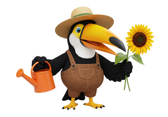 Cartoon toucan farmer with sunflower and watering can isolated PNG, funny tropical bird character © Freya