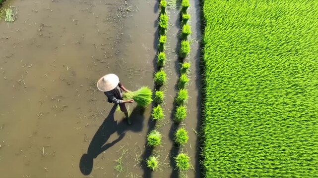 Aerial view of paddy field with person planting rice seedlings