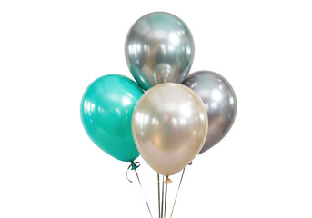 Bunch of four balloons isolated on transparent background, teal silver and gold party decoration © Freya
