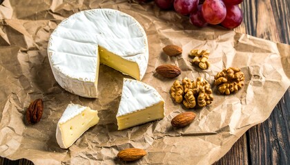 Brie wheel and wedge next to grapes and nuts on crinkled brown paper and wood grain