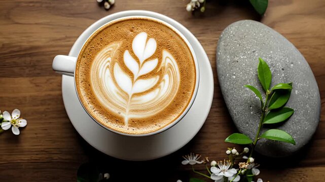 Aesthetic flat lay of a cappuccino with latte art and zen elements in natural colors, representing a calm morning ritual and relaxation, with copy space