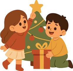 Two cheerful children decorate a Christmas tree with ornaments and a star while placing a gift underneath, creating a warm festive holiday scene.
