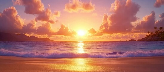 Obraz premium Serene Tropical Beach Sunset with Fiery Clouds and Gentle Waves