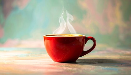 Steaming red mug of coffee sits on colorful, blurred table against a painted backdrop