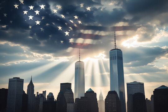 Stunning Evening View of the New York City Skyline, Featuring the Twin Towers, Brooklyn Bridge, and a Waving American Flag at Twilight, Celebrating the City's Resilience.