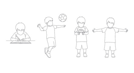 Line Art Illustration of a Boy in Various Poses: Reading Playing Soccer Holding Toy Stretching.