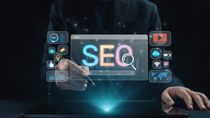 SEO concept for improving SEO visibility, with SEO related digital tools and SEO performance icons shown in an focused layout for strategic marketing. Elide