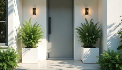 Modern gray front door flanked by rich potted ferns and modern white planters. Outdoor wall lights cast warm glow on clean architectural exterior.