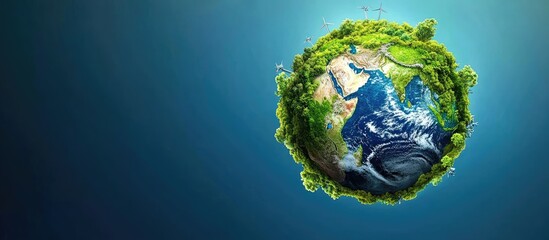 Fototapeta premium Miniature Earth Globe with Lush Greenery, Wind Turbines, and Blue Sky