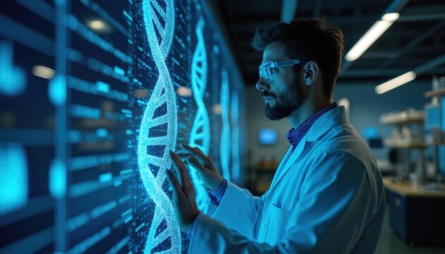 Scientist analyzes glowing DNA helix on futuristic digital screen in high-tech lab. Man with glasses touches glowing molecule structure. Future medicine research screen interface. - Powered by Adobe