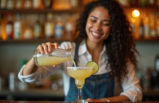 Smiling hispanic woman bartender pours margarita into salt-rimmed glass. She wears an apron, preparing a cocktail with lime garnish. Bar ambiance, nightlife fun.