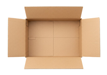 Open brown cardboard box isolated on white, empty container for shipping and storage