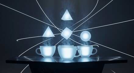 Futuristic glowing coffee cups with levitating geometric shapes on dark abstract background