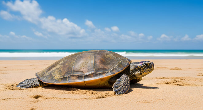 Sea turtle resting on a sandy beach with blue ocean and sky backdrop symbolizing nature wildlife and peaceful coastal environments