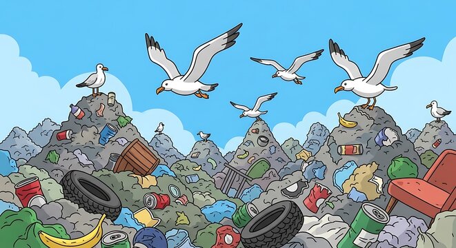 Gulls flying over trash.