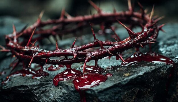 Crown of thorns with drops of thick red liquid on a stone surface, symbolizing Good Friday and the Christian story of the resurrection.