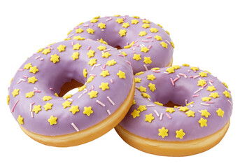 Three purple donuts with yellow star sprinkles isolated on transparent background, sweet treat for dessert