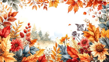 Autumn foliage forms a frame around a misty landscape with trees in the background