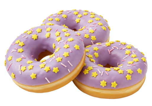 Three purple donuts with yellow star sprinkles isolated on transparent background, sweet treat for dessert